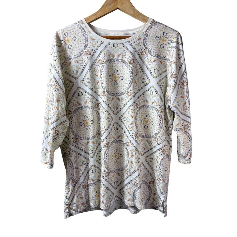 Lands' End Womens Large‎ 3/4 Sleeve Medallion Print Crew Neck Top White Yellow